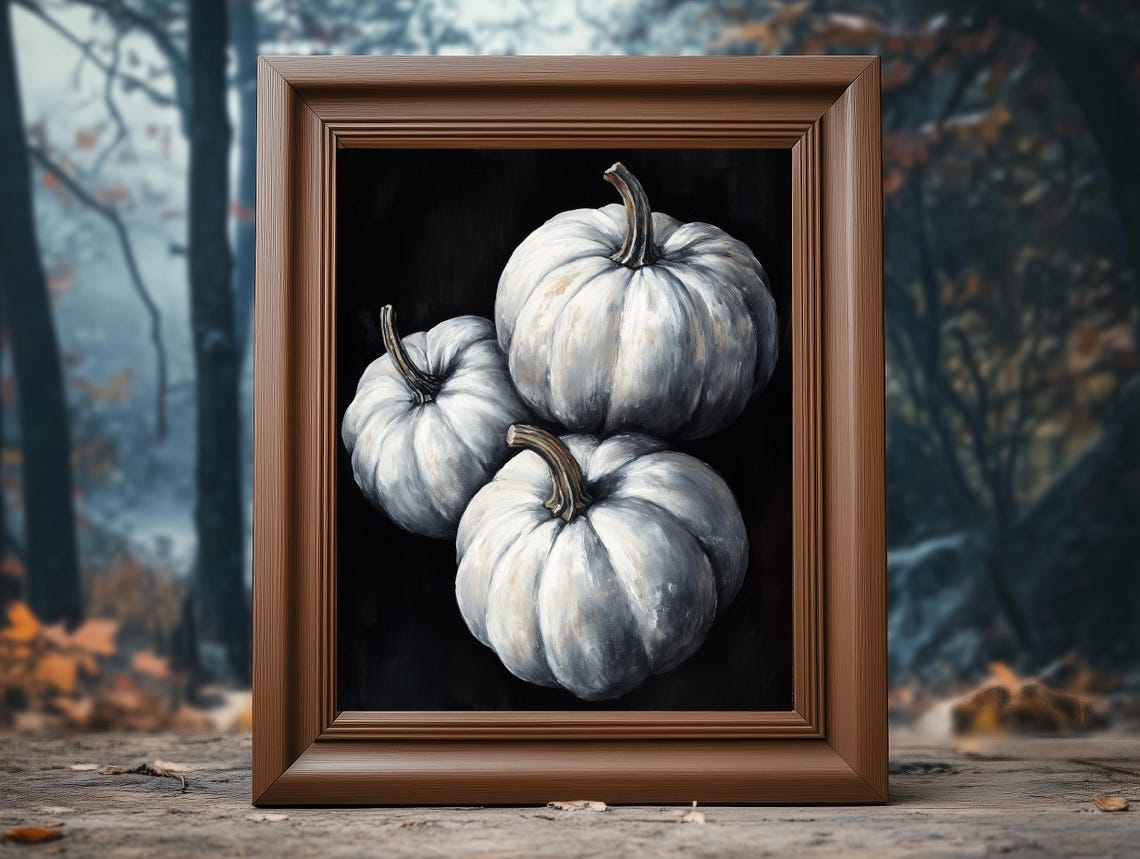 Three White Pumpkins Black Gothic Fall Harvest Still Life Poster - Image 4