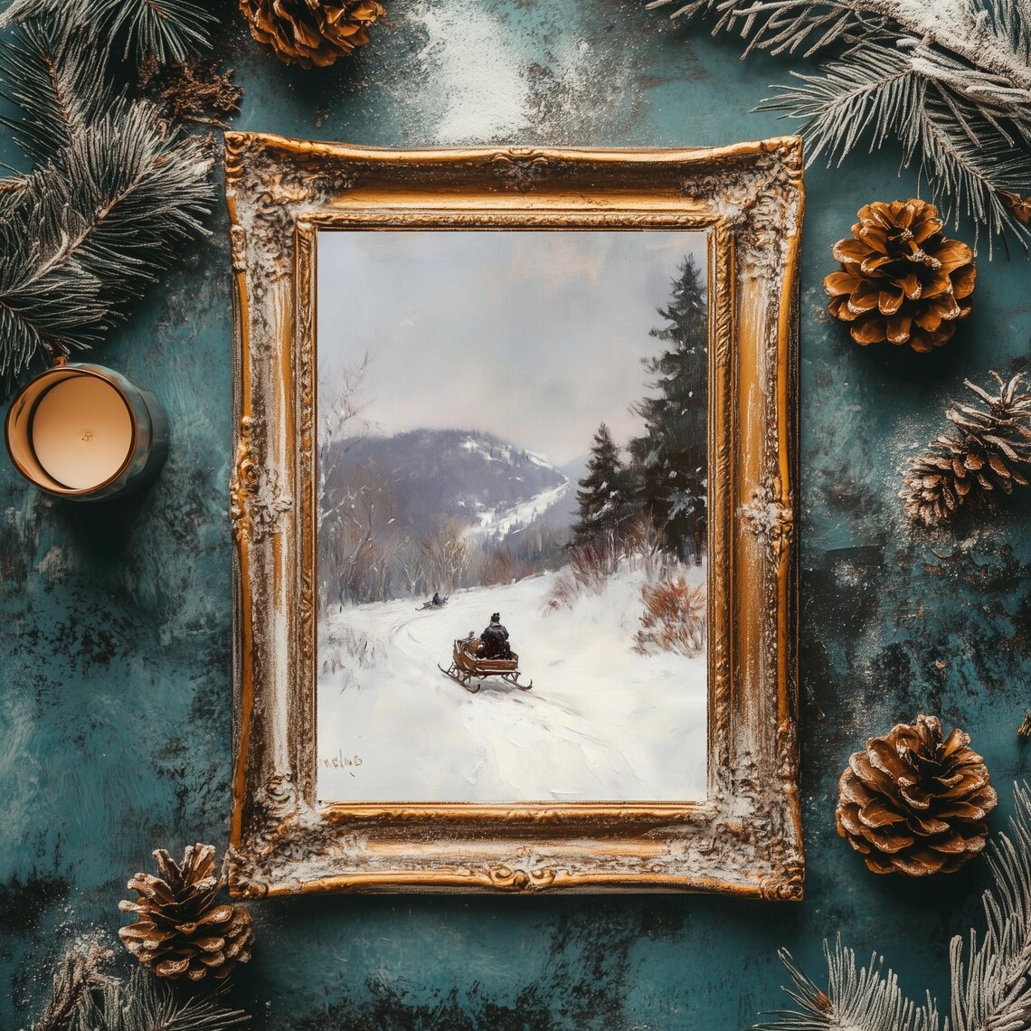 Lone Horse Sleigh Snowy Mountain Road Pines Vintage Winter Poster - Image 3