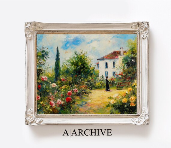 Rose Garden by White Cottage Vintage French Impressionist Oil Poster