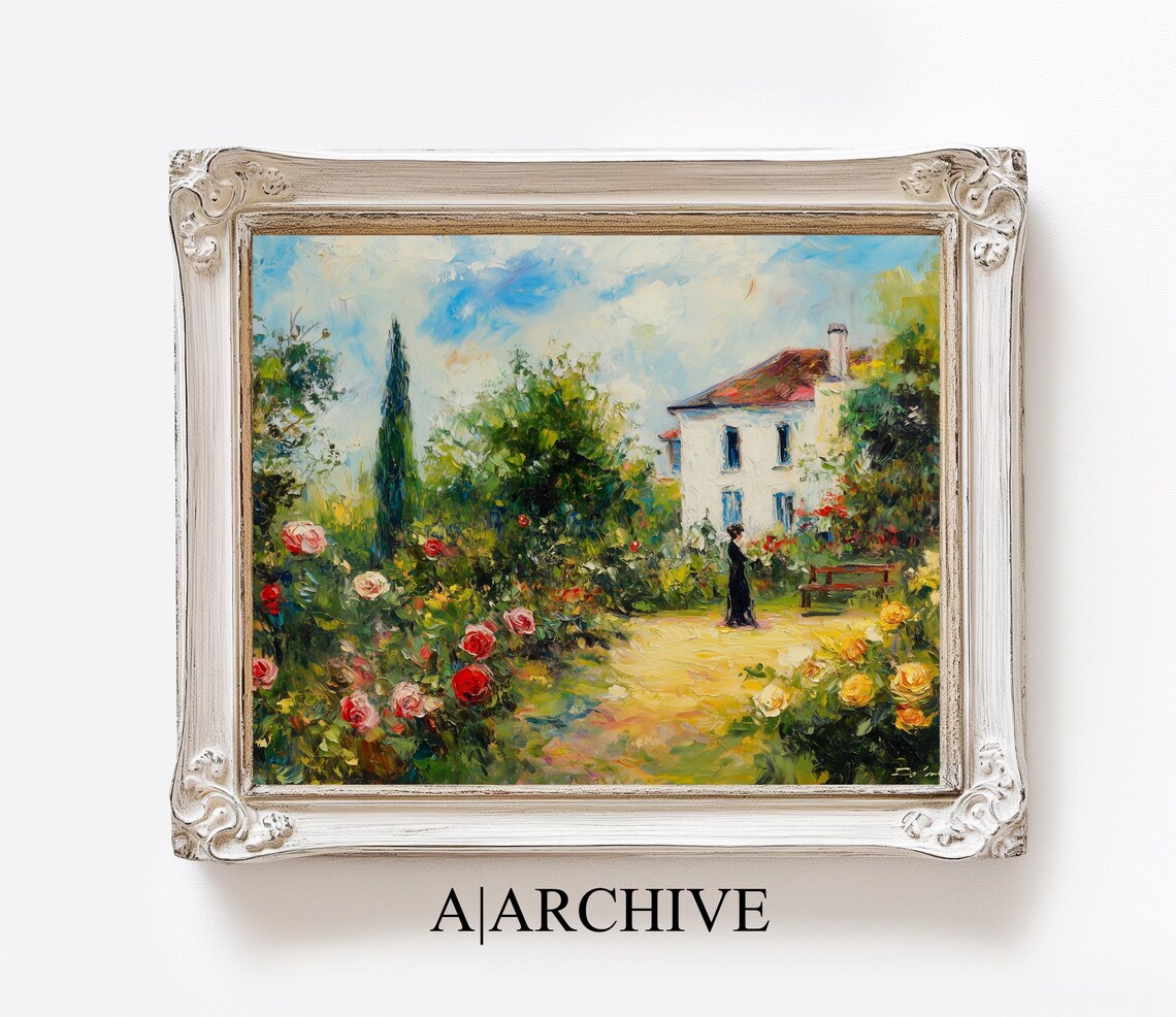 Rose Garden by White Cottage Vintage French Impressionist Oil Poster