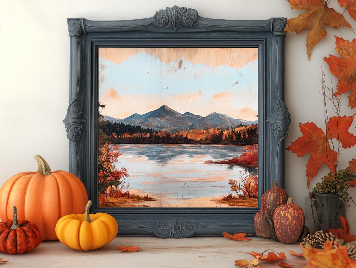 Autumn Lake Mountain Crimson Foliage Vintage Landscape Poster - Image 3