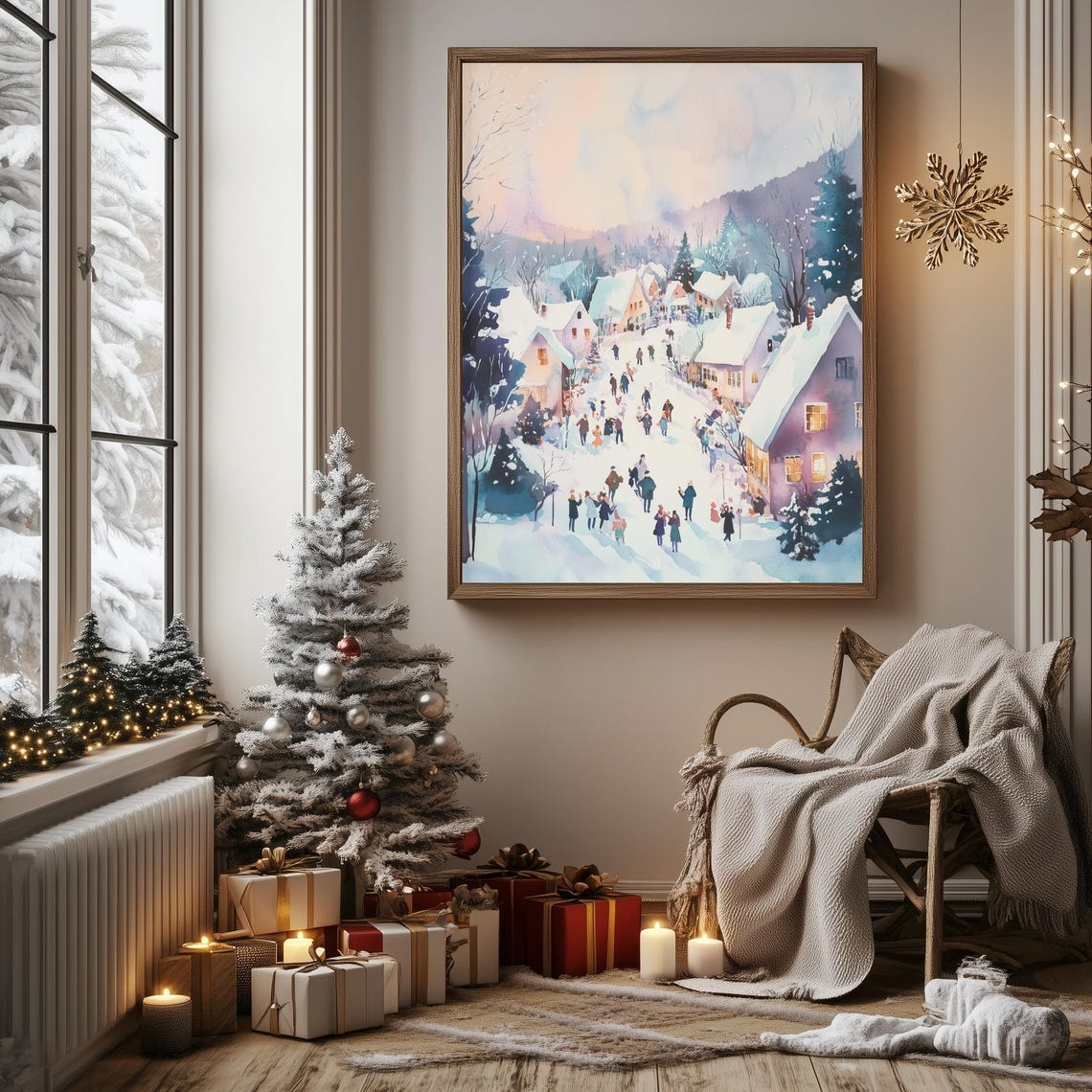 Pastel Winter Village Snow Scene Watercolor Christmas Holiday Poster - Image 3