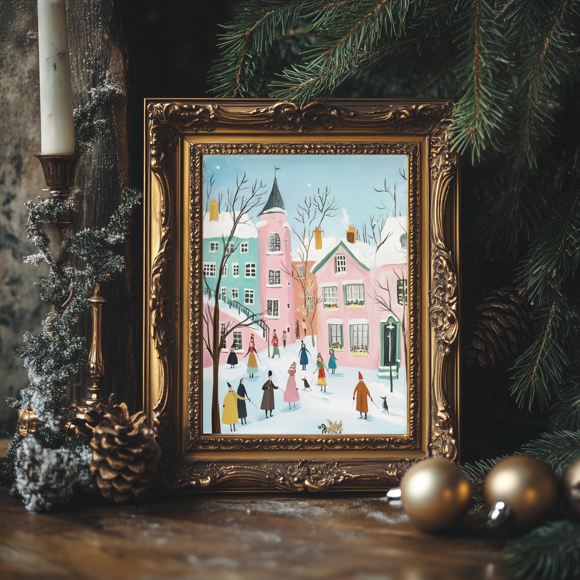 Colorful Pastel Winter Village Street Scene Retro Holiday Poster - Image 4
