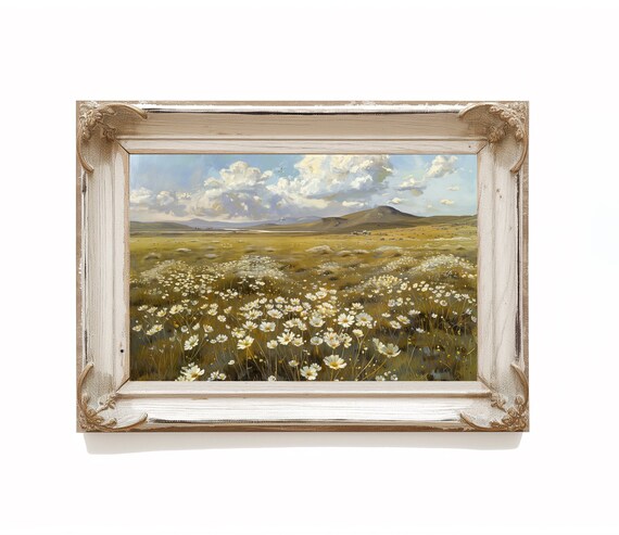 White Daisy Field Mountain Meadow Blue Sky Clouds Summer Art Poster