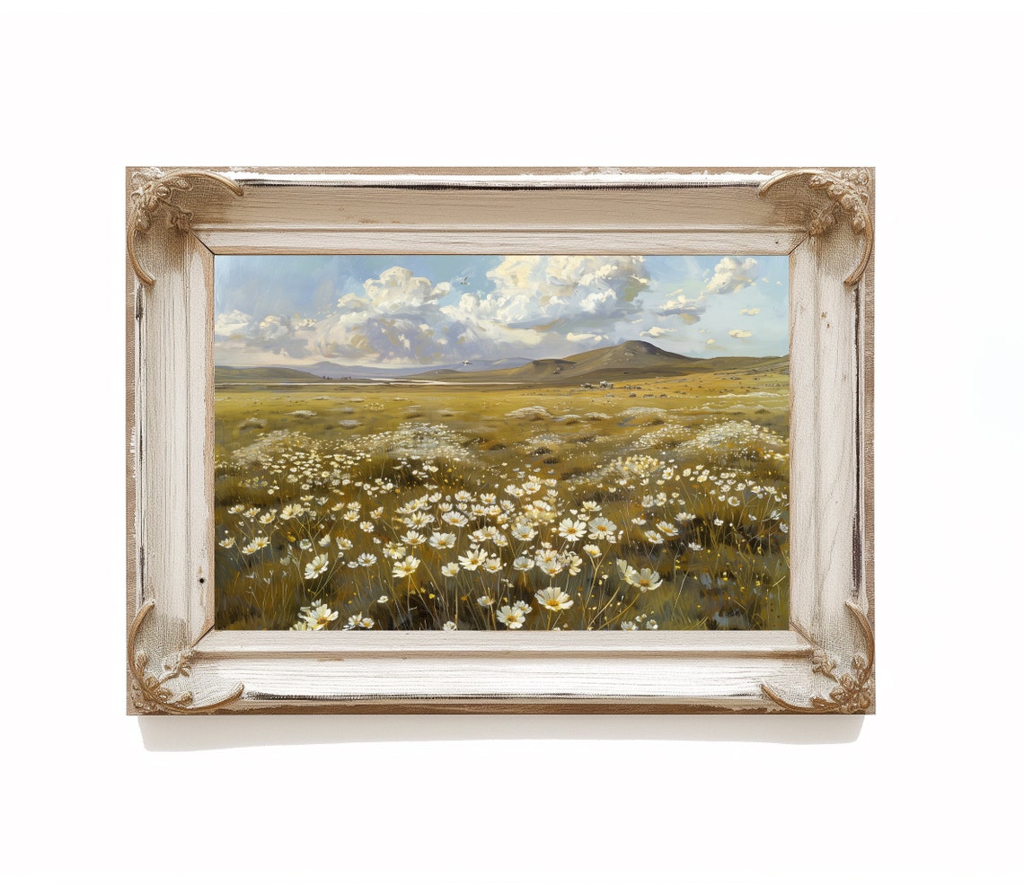 White Daisy Field Mountain Meadow Blue Sky Clouds Summer Art Poster