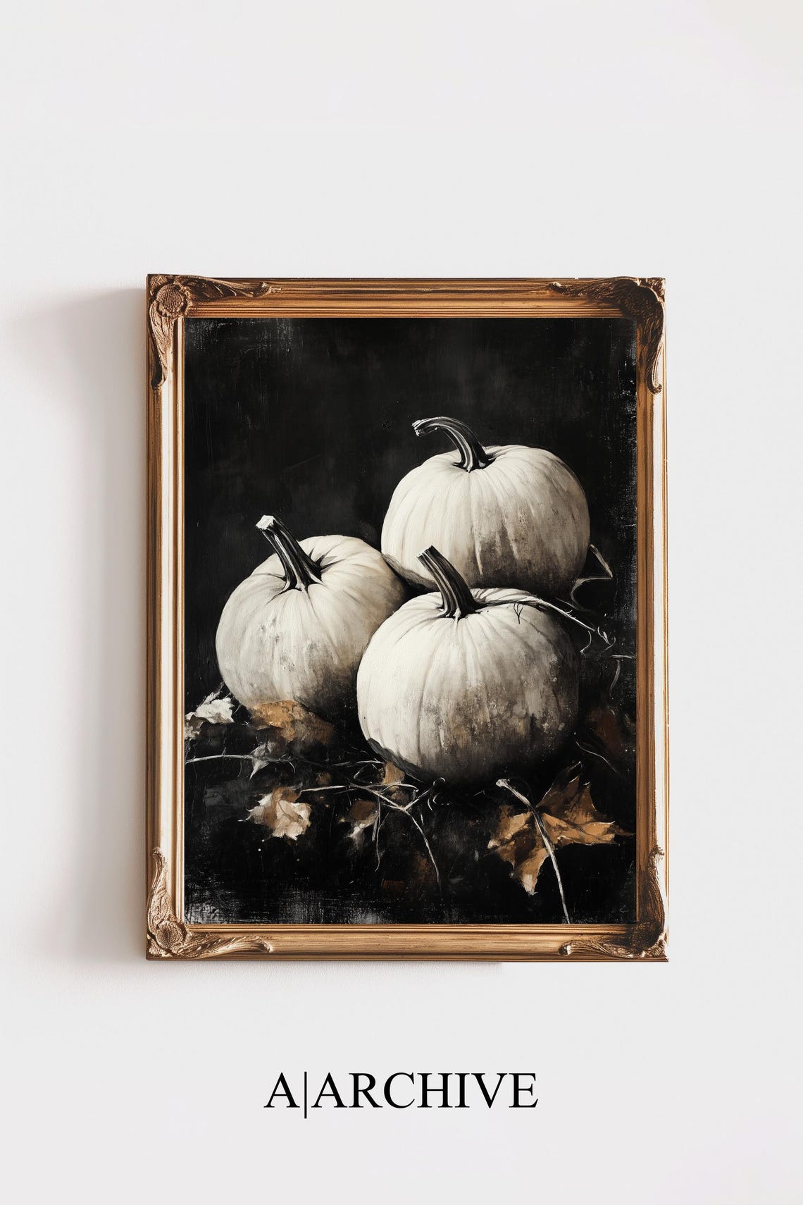 White Pumpkins Black Dark Academia Fall Botanical Still Life Poster