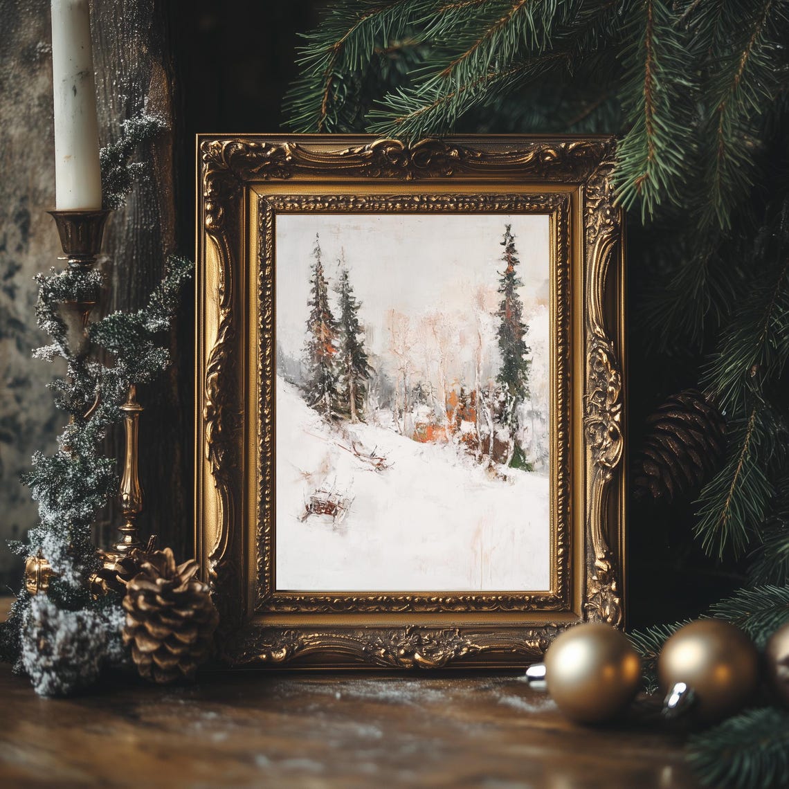 Minimalist Snowy Pine Forest Winter Landscape Neutral Wall Art - Image 2