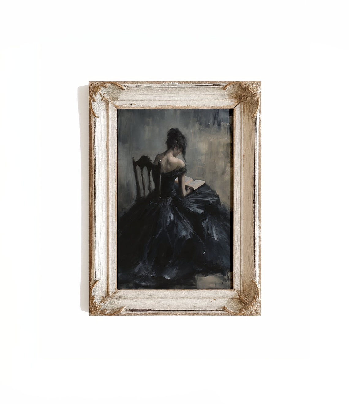 Moody Woman Reading Dark Oil Painting Black Dress Vintage Print - Image 2