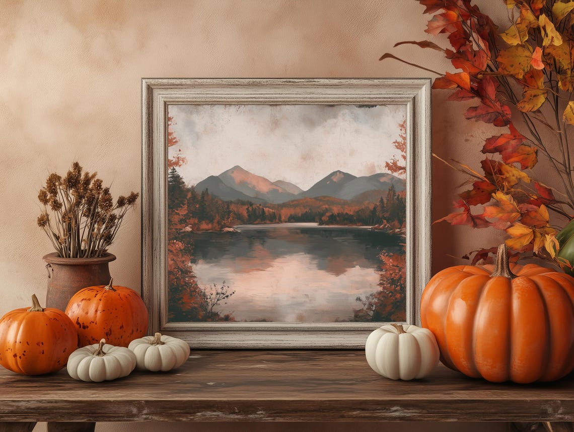 Hazy Autumn Mountain Lake Vintage Muted Landscape Art Poster - Image 4