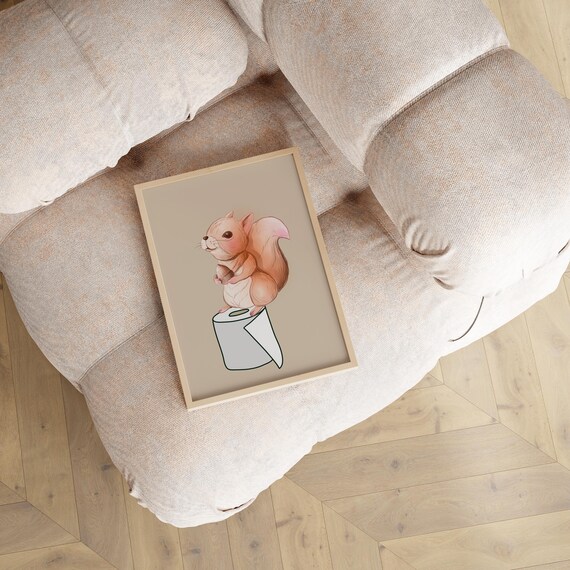 Cute Squirrel Sitting on Toilet Roll Funny Bathroom Animal Poster