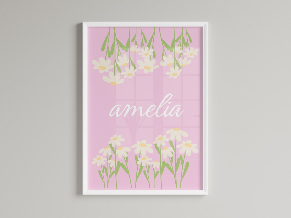 Amelia Custom Personalised Pink Daisy Meadow Nursery Name Poster