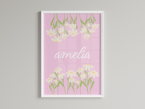 Amelia Custom Personalised Pink Daisy Meadow Nursery Name Poster