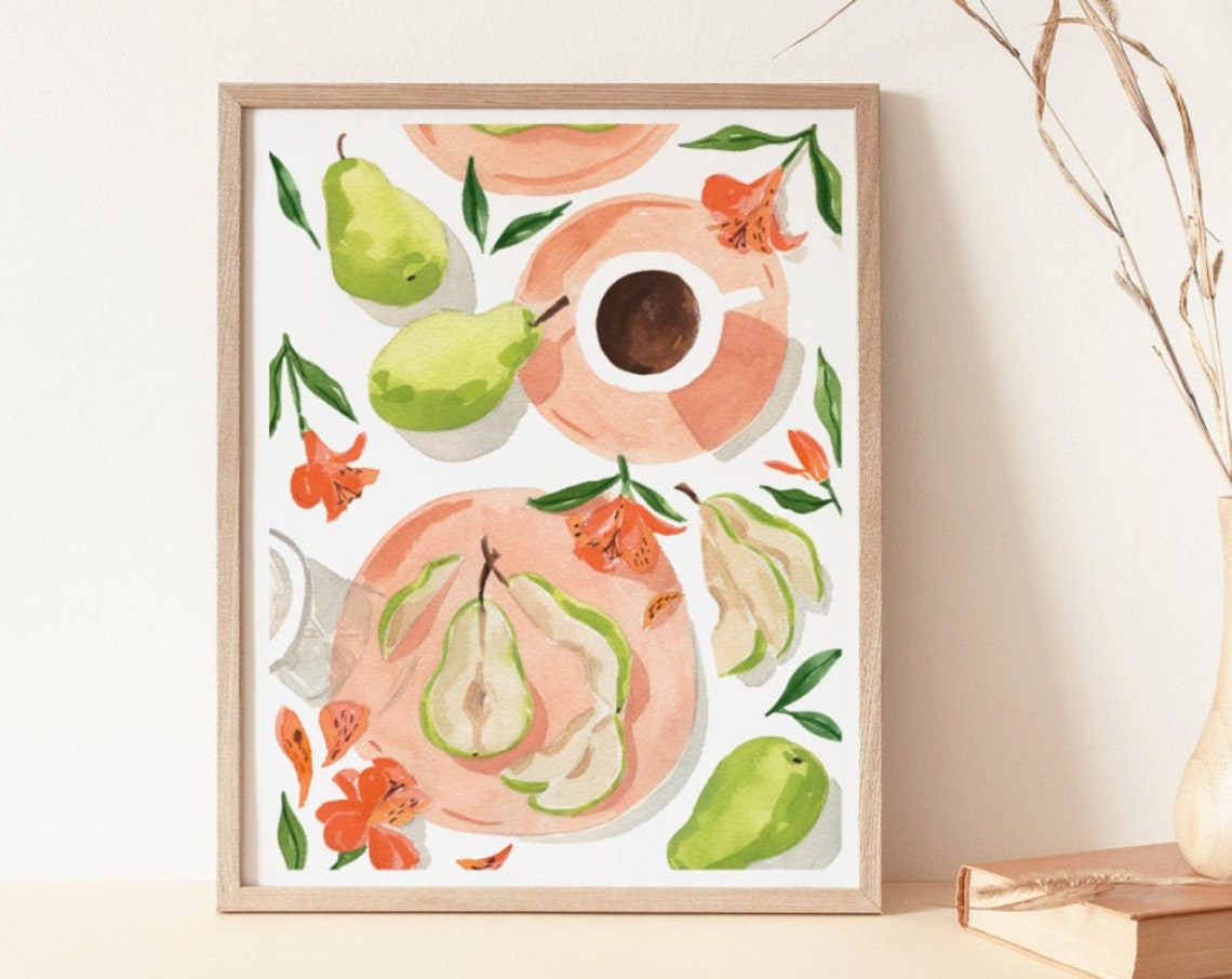 Green Pears Coffee Cup Orange Lily Watercolor Kitchen Pattern Wall Art - Image 2