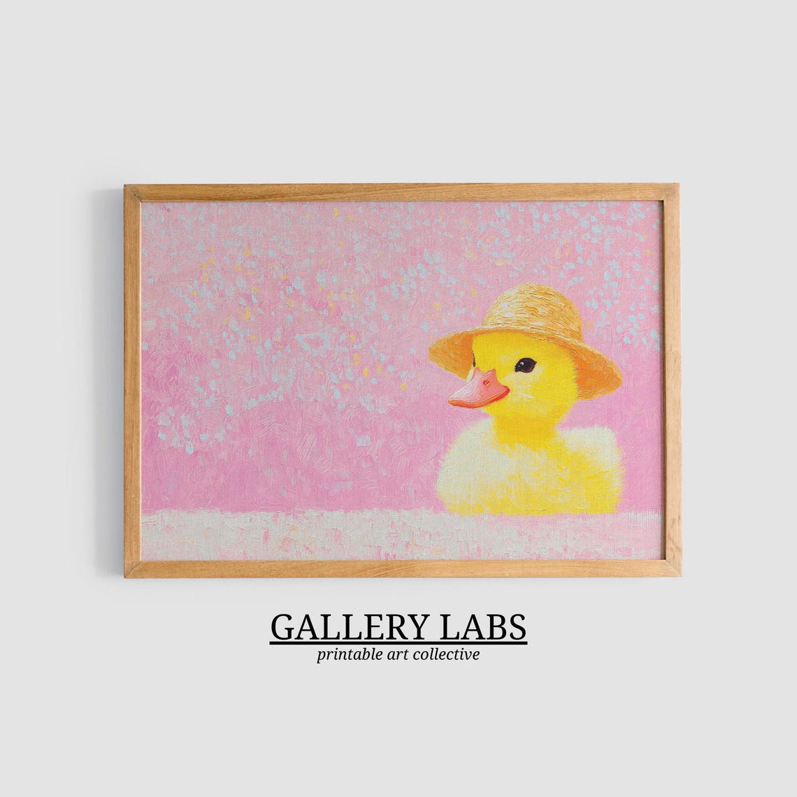 Cute Yellow Duckling Straw Hat Pink Background Nursery Art Print - Image 3