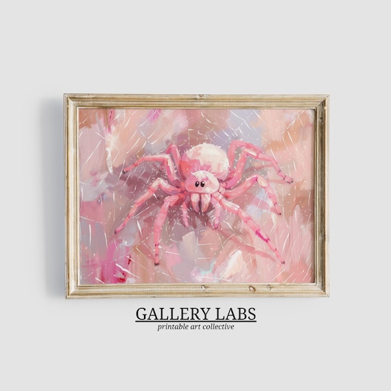Pink Spider On Web Cute Halloween Oil Painting Spooky Room Poster
