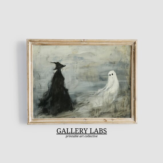 Witch and Ghost Facing Each Other Misty Moody Halloween Wall Art Print