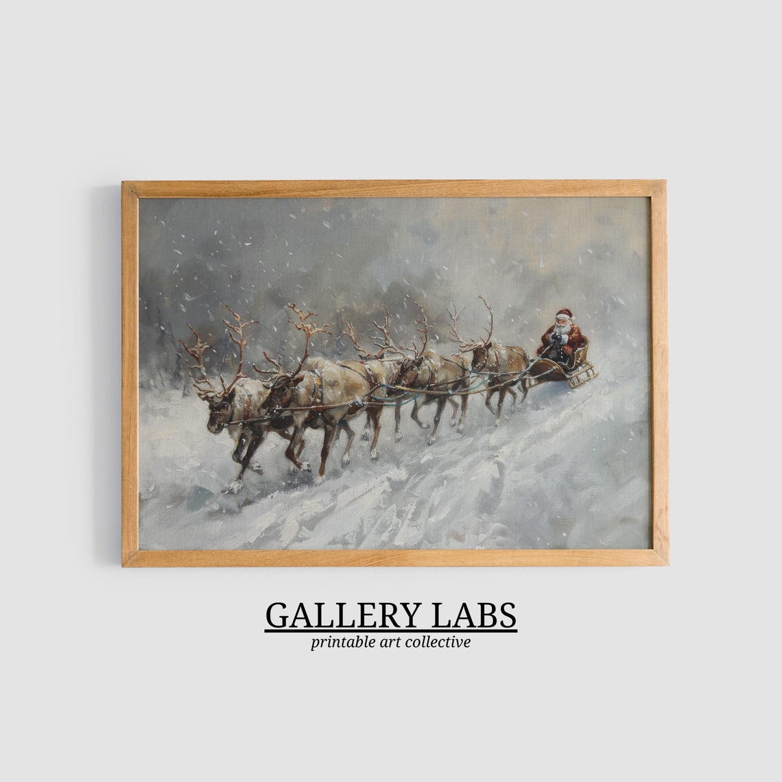 Santa Sleigh Reindeer Team Galloping Through Snowstorm Night Poster - Image 3