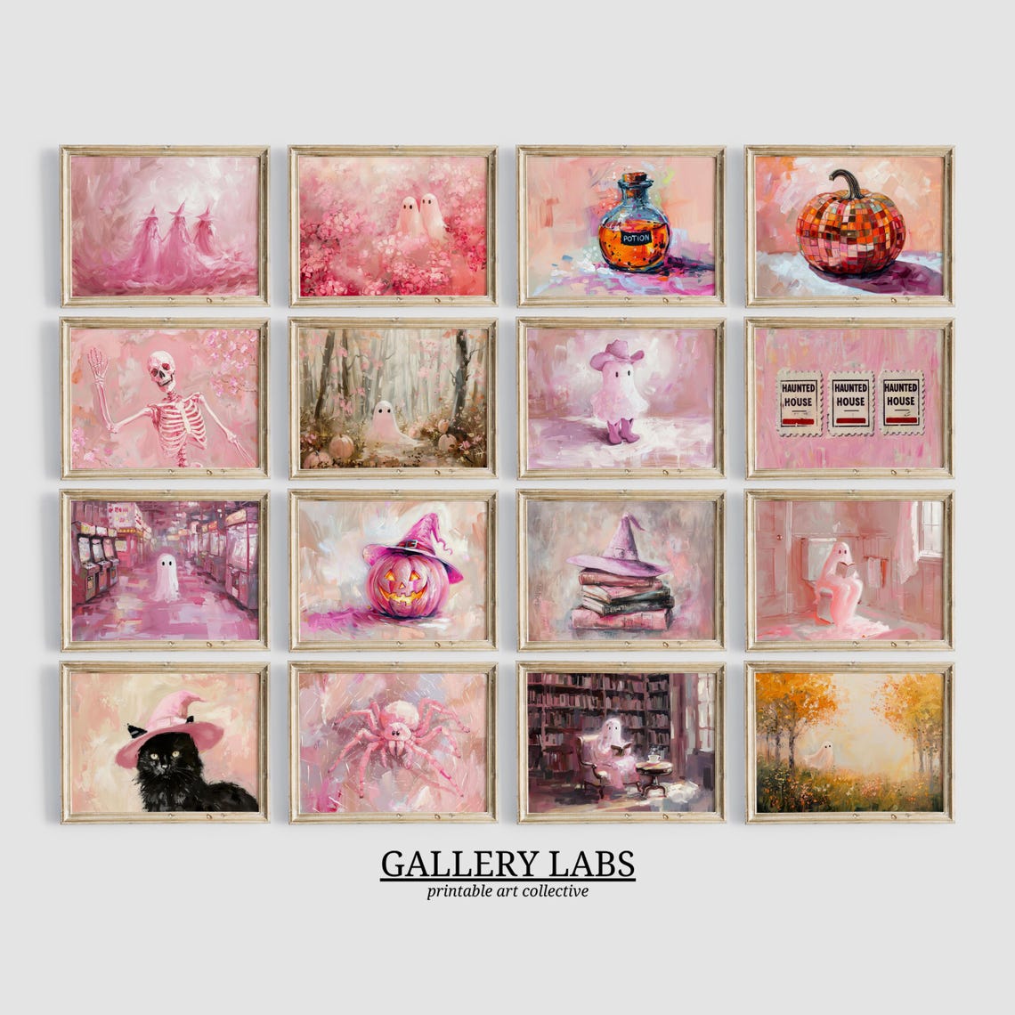 Pink Halloween Prints Set of 32 Spooky Ghost Witch Party Wall Art - Image 4