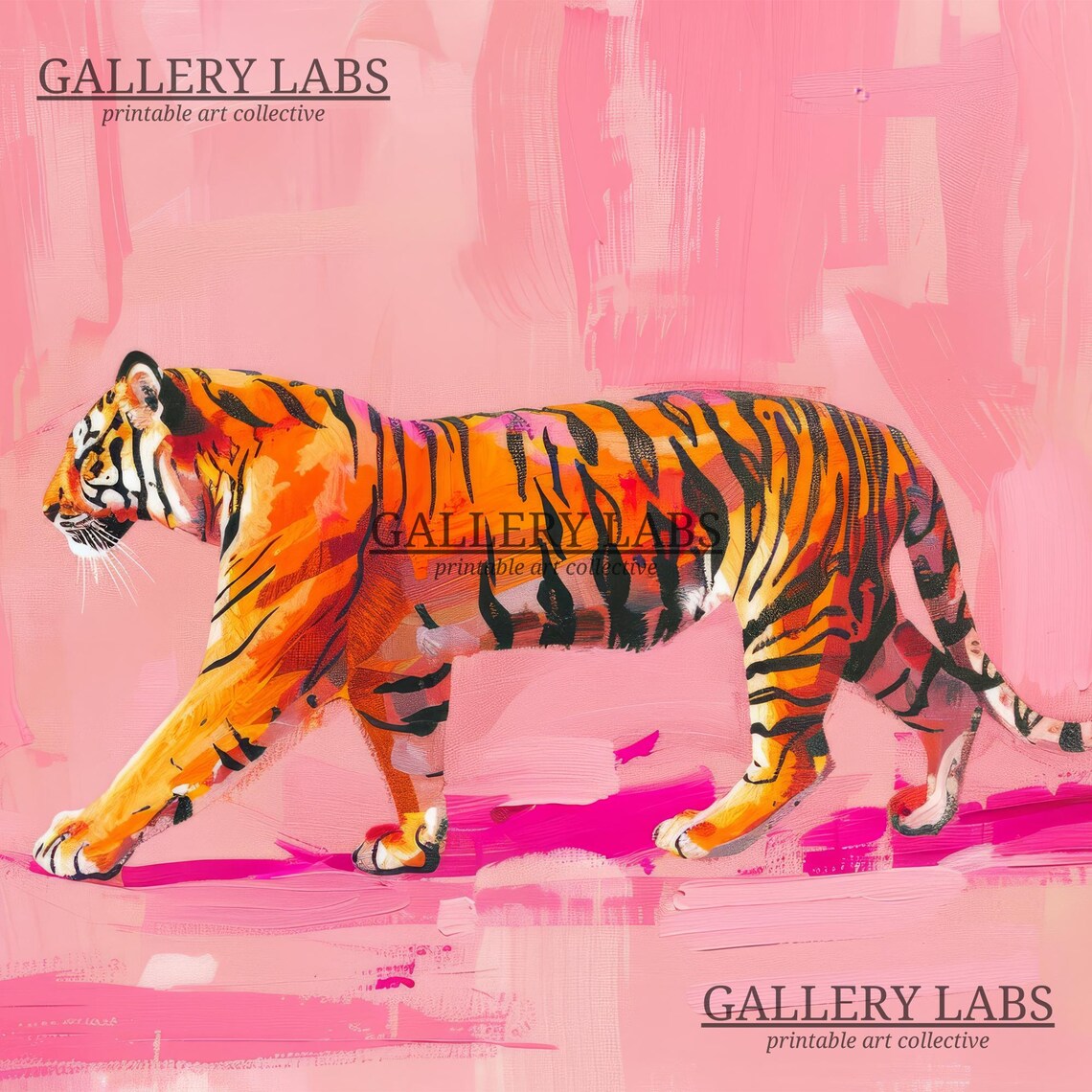 Orange Tiger Walking Pink Background Bold Wild Animal Painting Wall Art - Image 3