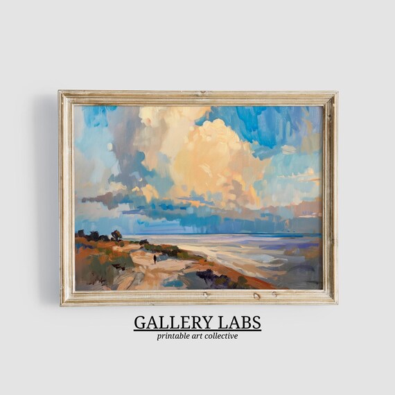Sandy Beach Path to Calm Sea Cloudy Sky Coastal Wall Art Print