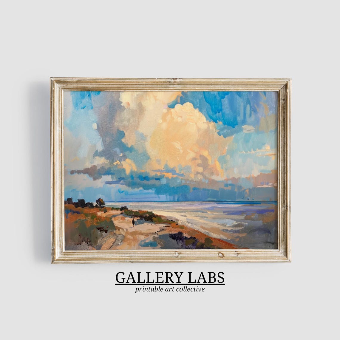 Sandy Beach Path to Calm Sea Cloudy Sky Coastal Wall Art Print