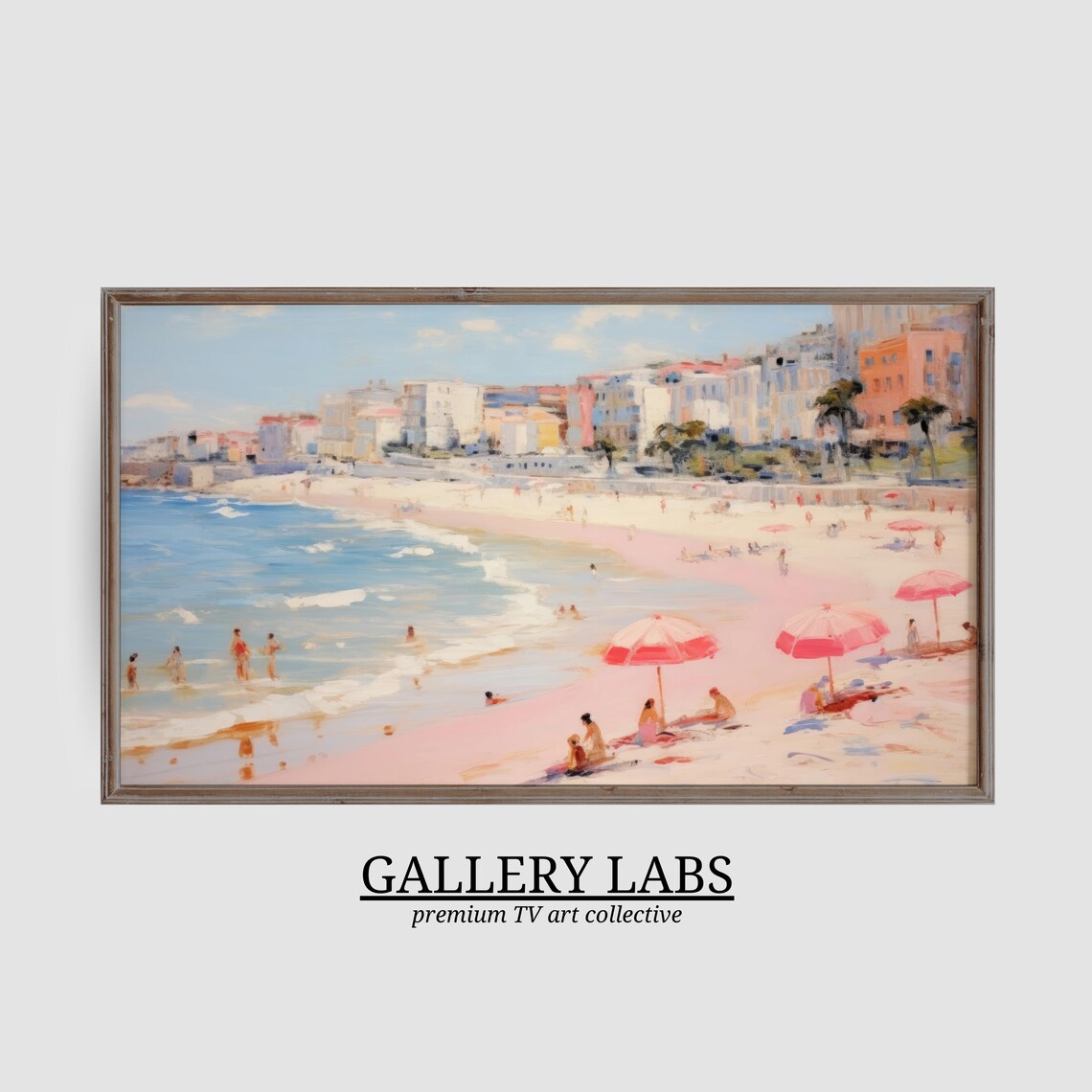 Pink Sand Beach Umbrellas Swimmers Seaside Town Pastel Painting Poster - Image 3