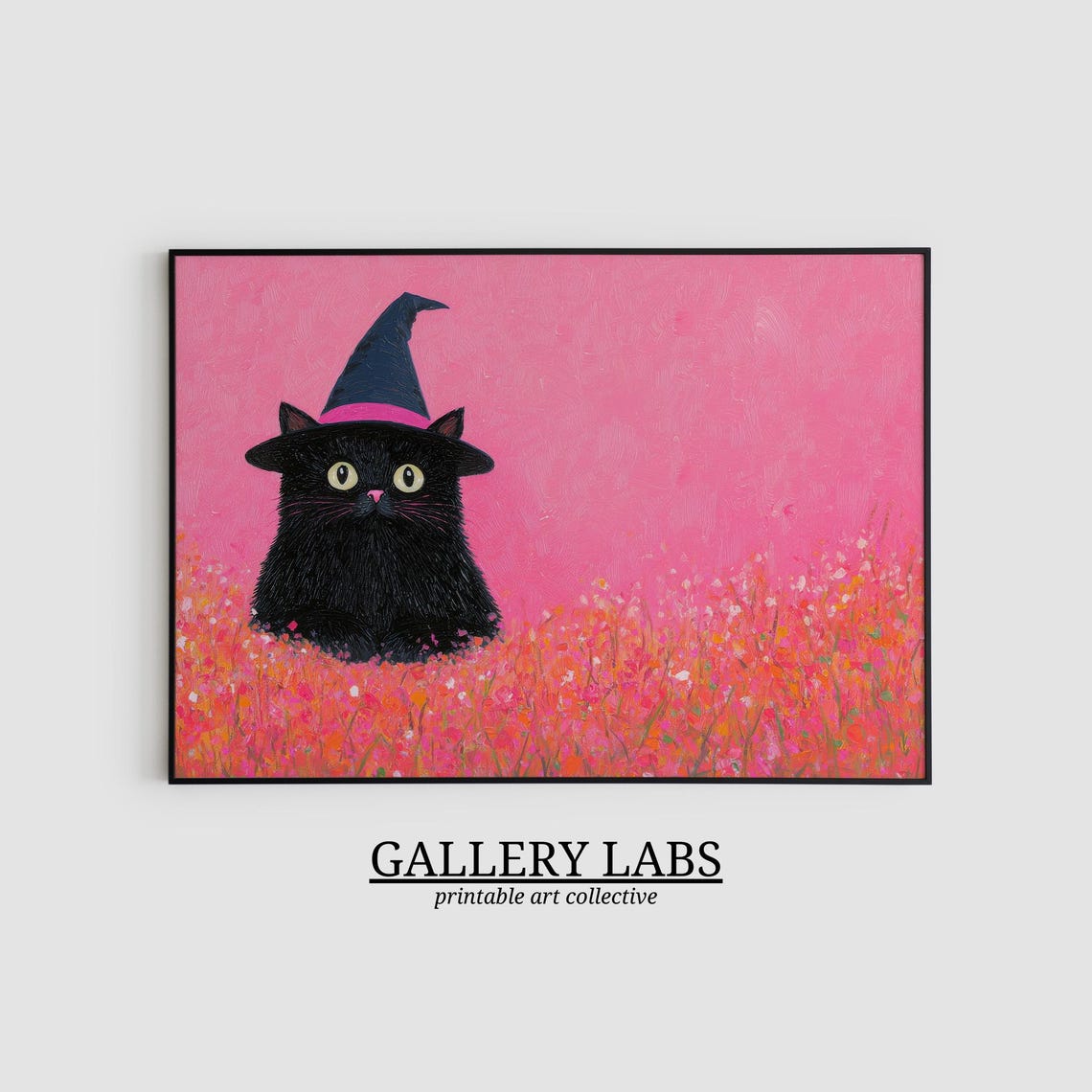 Black Cat Witch Hat Pink Wildflower Meadow Cute Spooky Halloween Print - Image 2