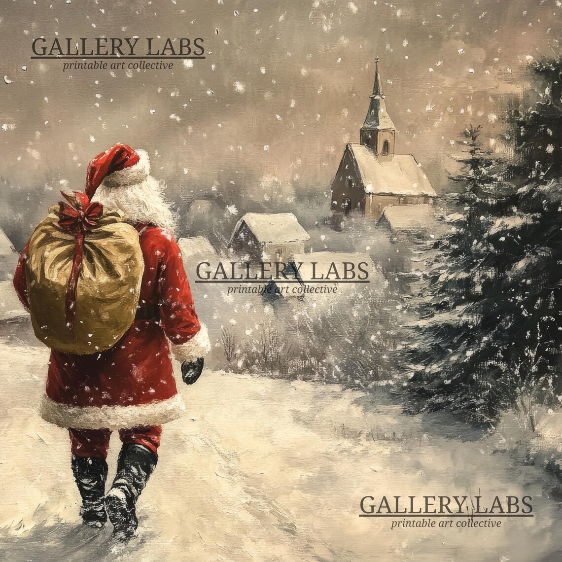 Vintage Santa Claus Snowy Village Walking Sack Christmas Art Poster - Image 4