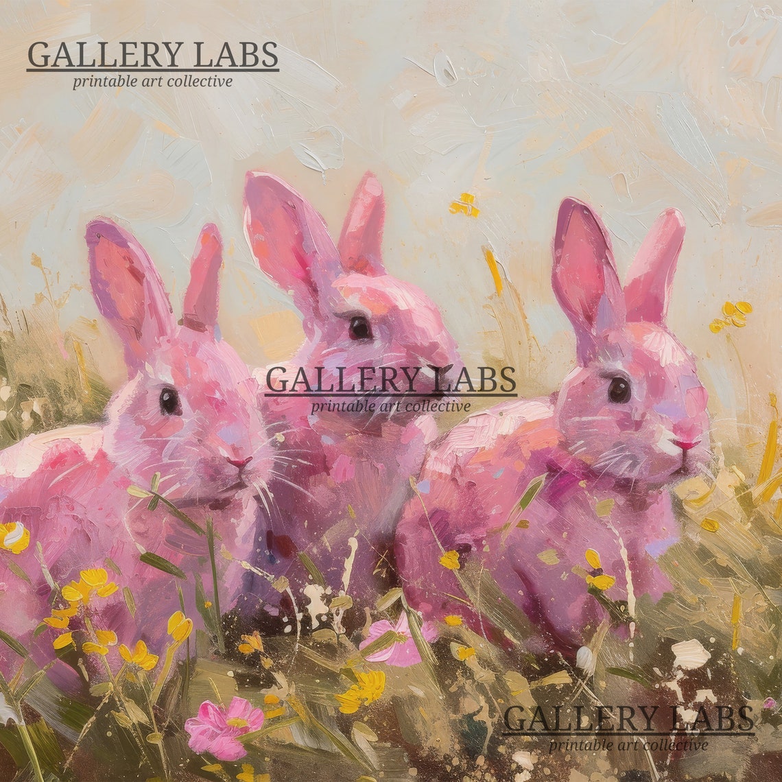 Three Pink Rabbits in Wildflower Field Whimsical Bunny Art Print - Image 4