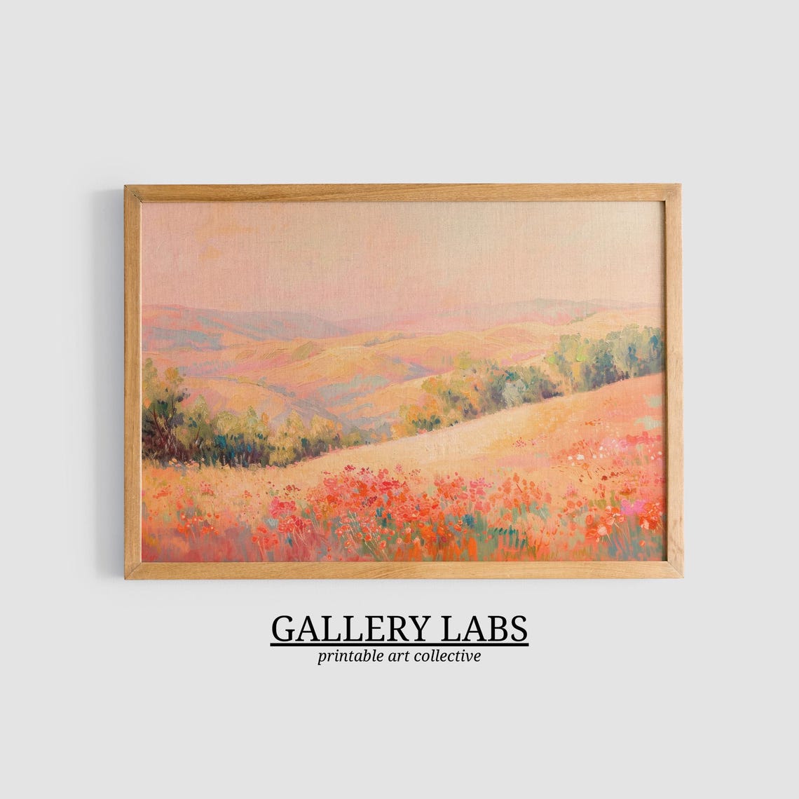 Blush Pink Landscape Rolling Hills Dreamy Trees Scene Art Print - Image 3