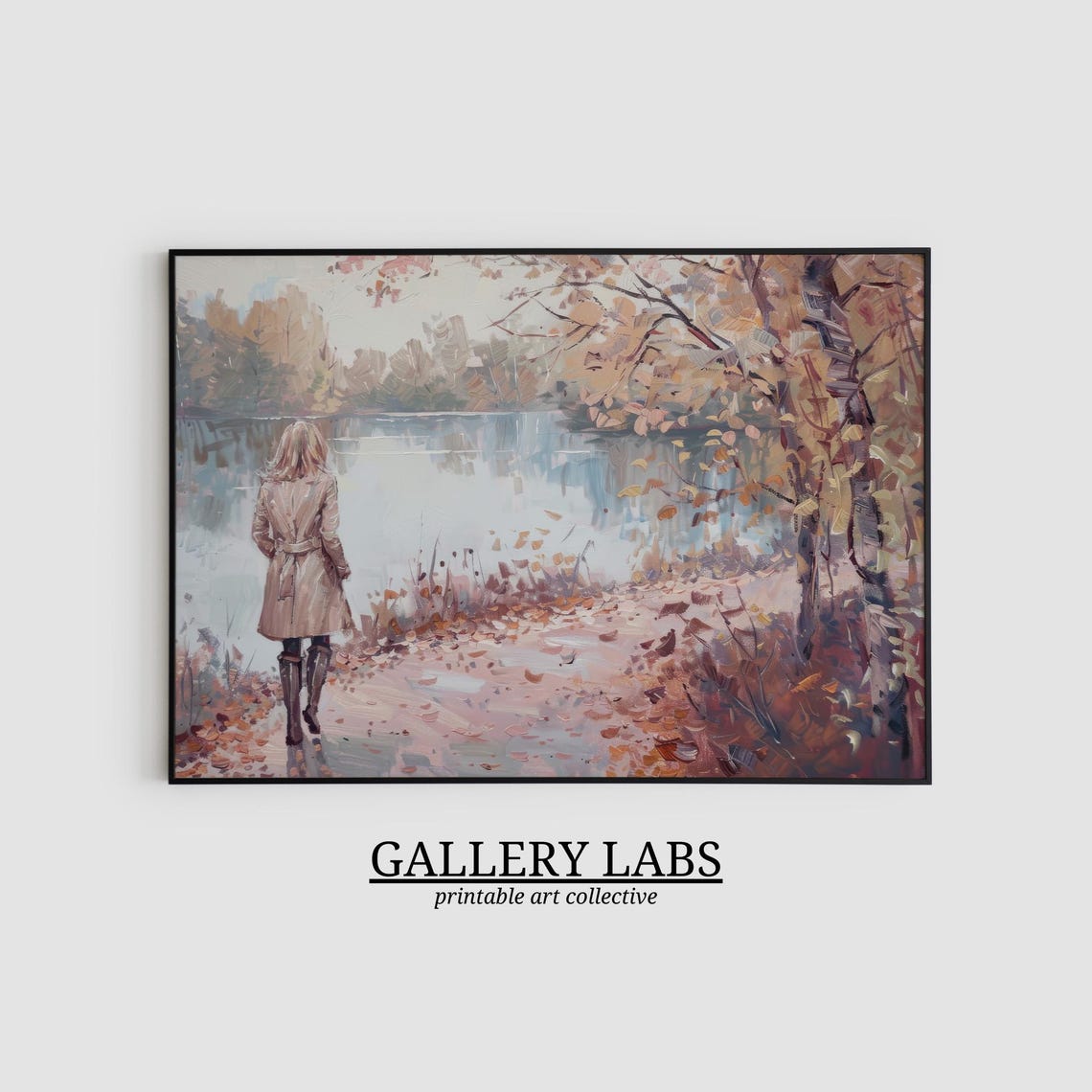 Pink Sky Lake Trees Tranquil Romantic Fall Waterscape Art Print - Image 2