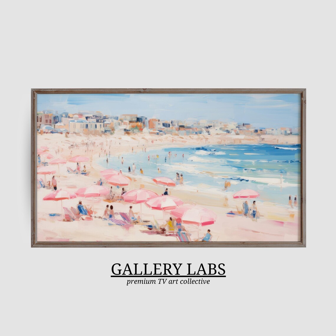 Sunny Beach Town With Pink Umbrellas Sparkling Blue Sea Cheerful Summer Painting Print - Image 3