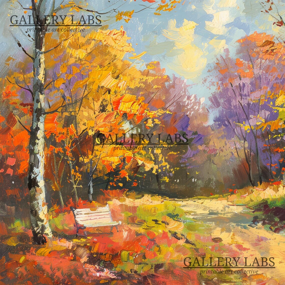 Autumn Forest Path with Park Bench Golden Foliage Landscape Wall Art Print - Image 4