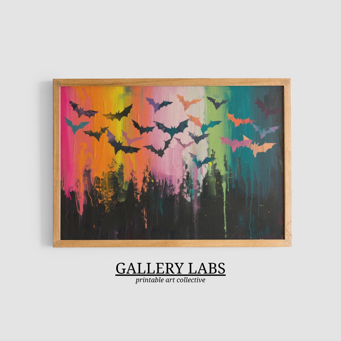 Colorful Bats Flying Drippy Neon Night Sky Halloween Painting Poster - Image 3