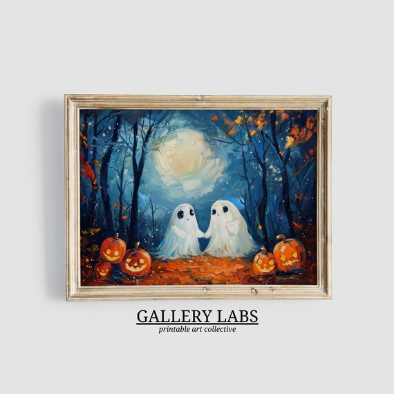 Cute Ghosts Holding Hands with Pumpkins Full Moon Halloween Wall Art Print