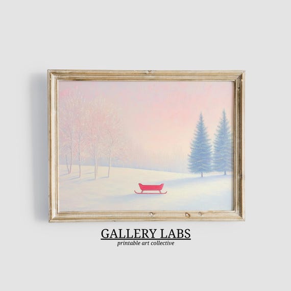 Pink Santa Sleigh Painting Seasonal Still Life Girly Festive Print Xmas Decor Cute Christmas Print Snowy Forest Wall Art