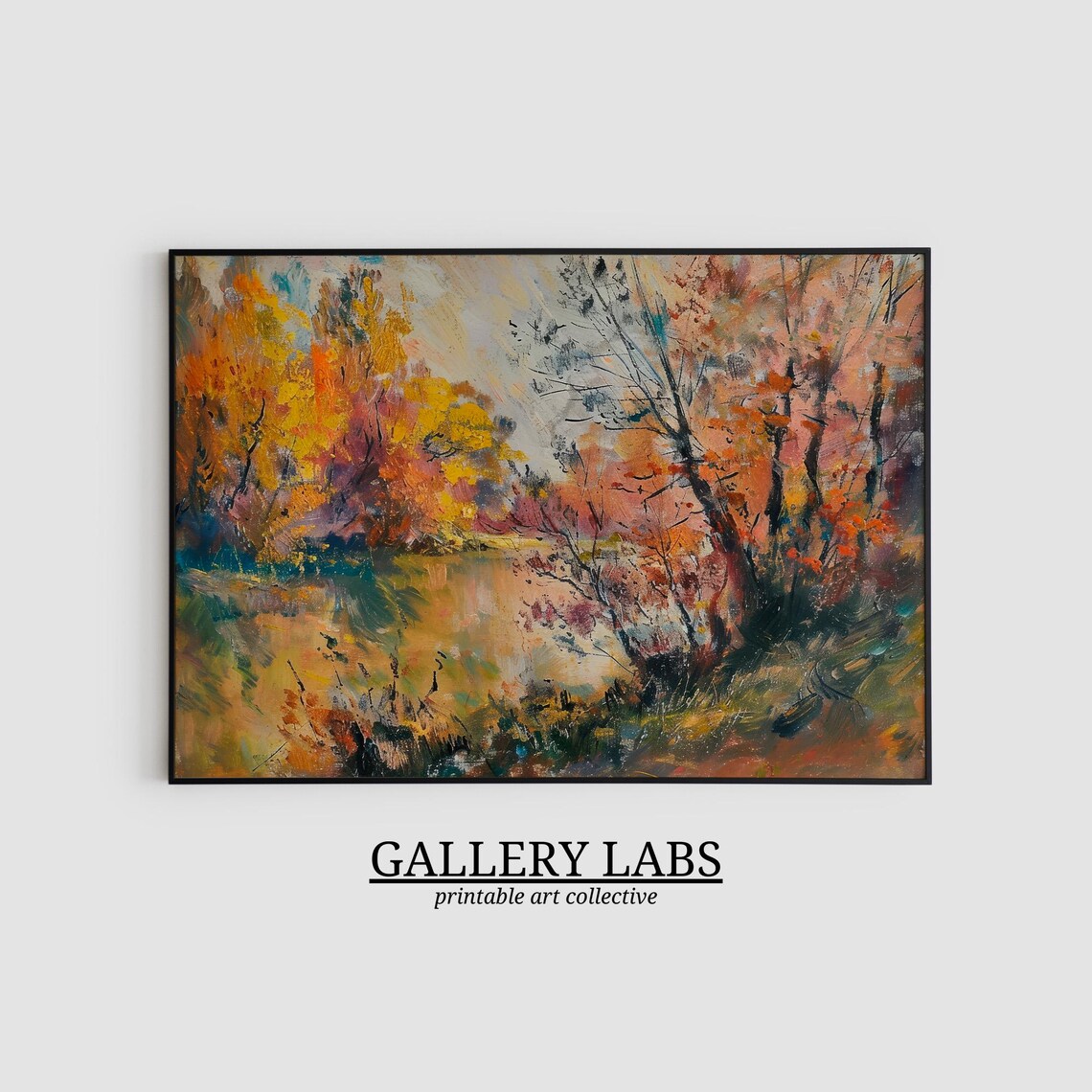 Autumn Forest Lake Landscape Painting Rustic Fall Nature Wall Art Print - Image 2
