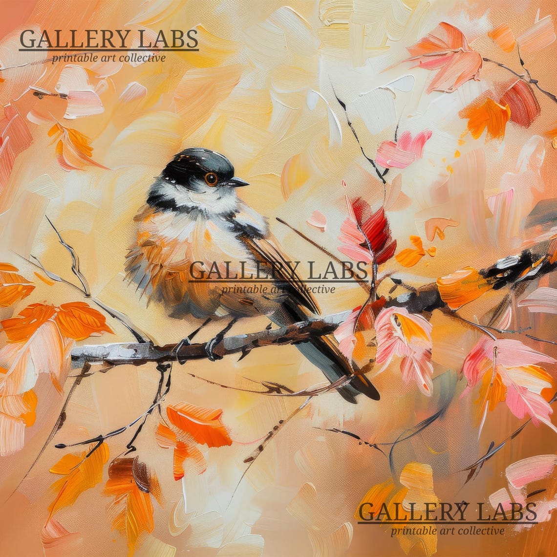 Little Songbird on Branch Autumn Leaves Warm Fall Painting Wall Art - Image 4