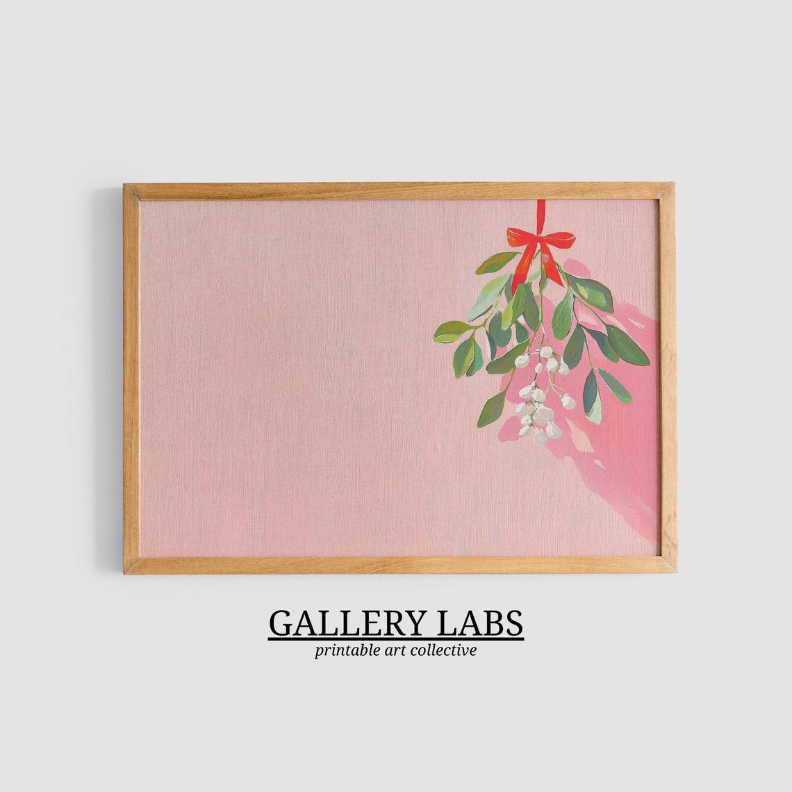 Pink Mistletoe Sprig Red Bow Christmas Botanical Wall Art Poster - Image 3
