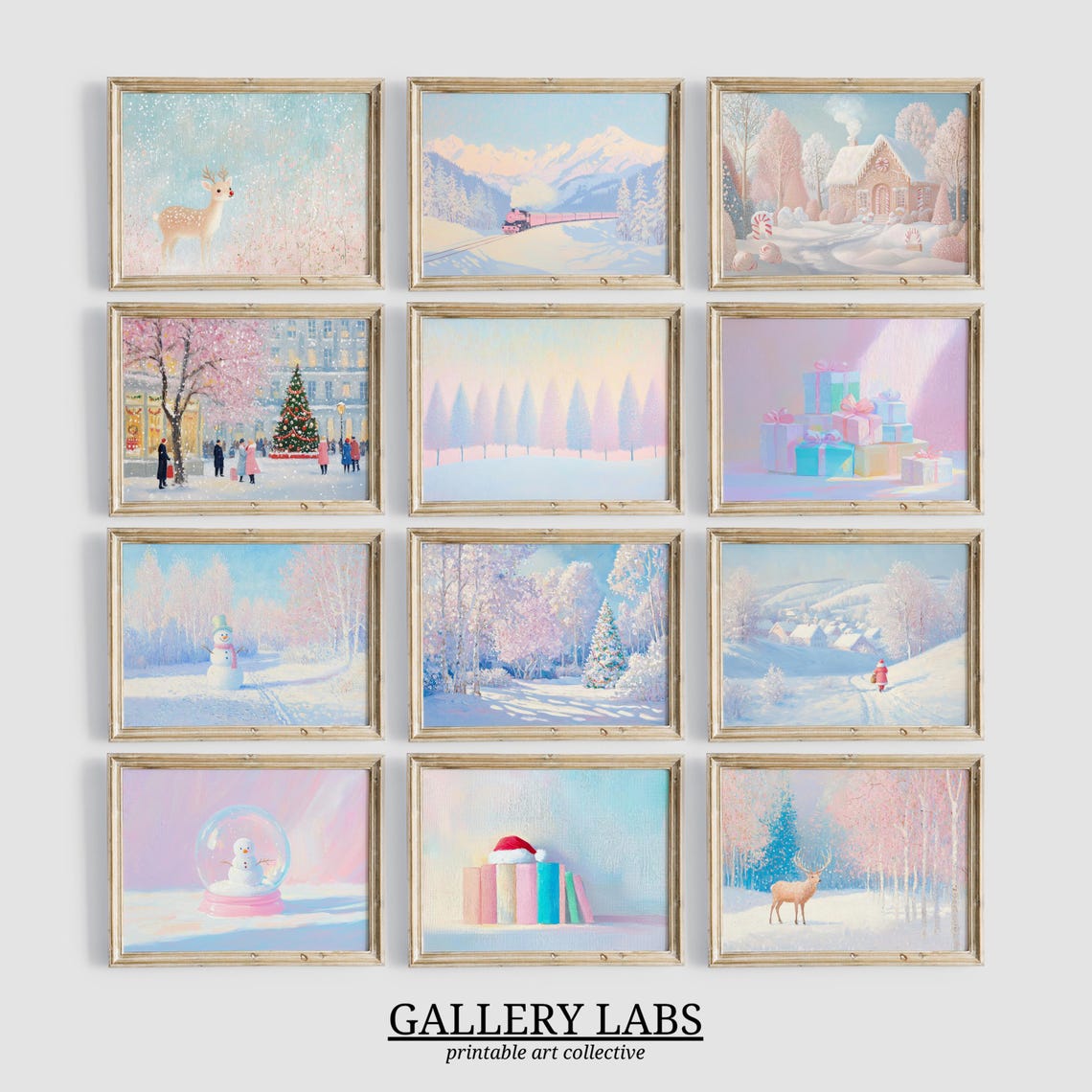 Twelve Mini Pastel Christmas Prints Set Winter Gallery Wall Art Poster