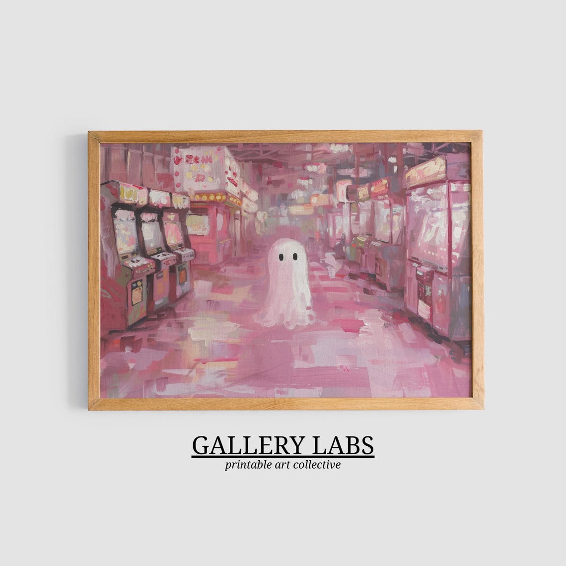 Cute Ghost In Pink Arcade Room Retro Gaming Spooky Painting Poster - Image 3