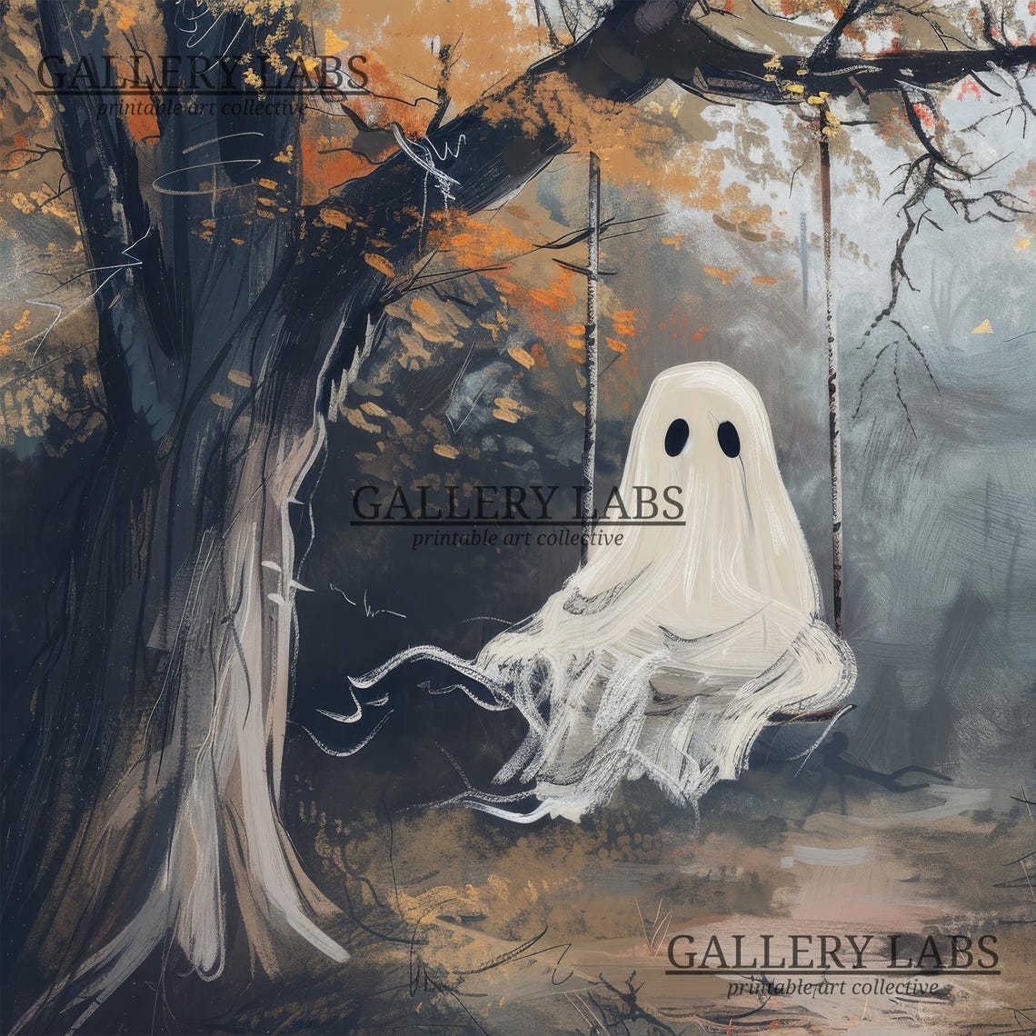 Cute Ghost on Swing in Autumn Forest Misty Halloween Wall Art Print - Image 4