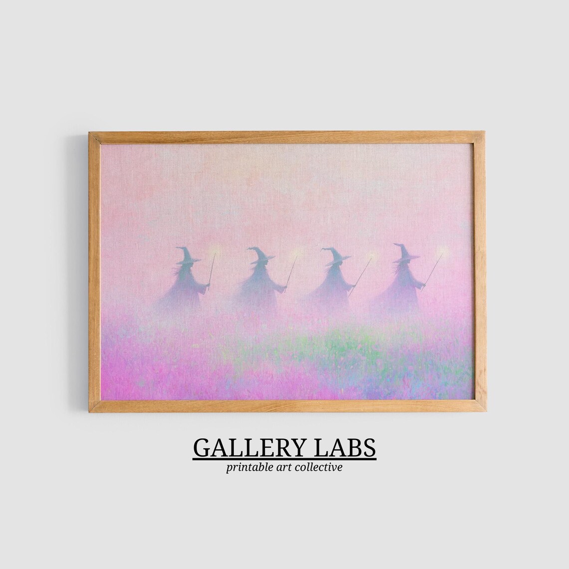 Four Pink Witches Glowing Wands Misty Field Spooky Painting Wall Poster - Image 3