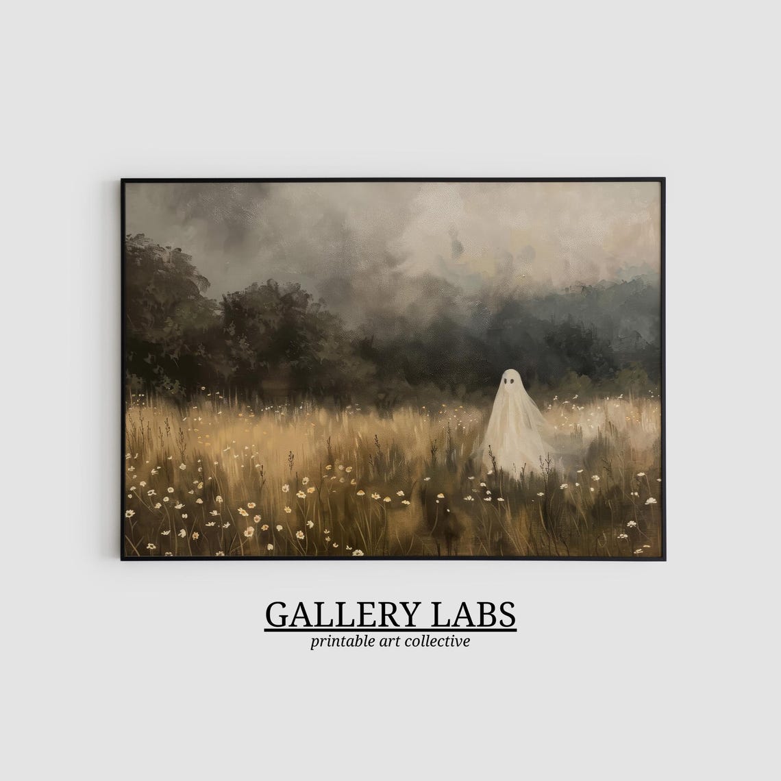Ghost Wildflower Field Moody Vintage Halloween Scene Wall Art - Image 2