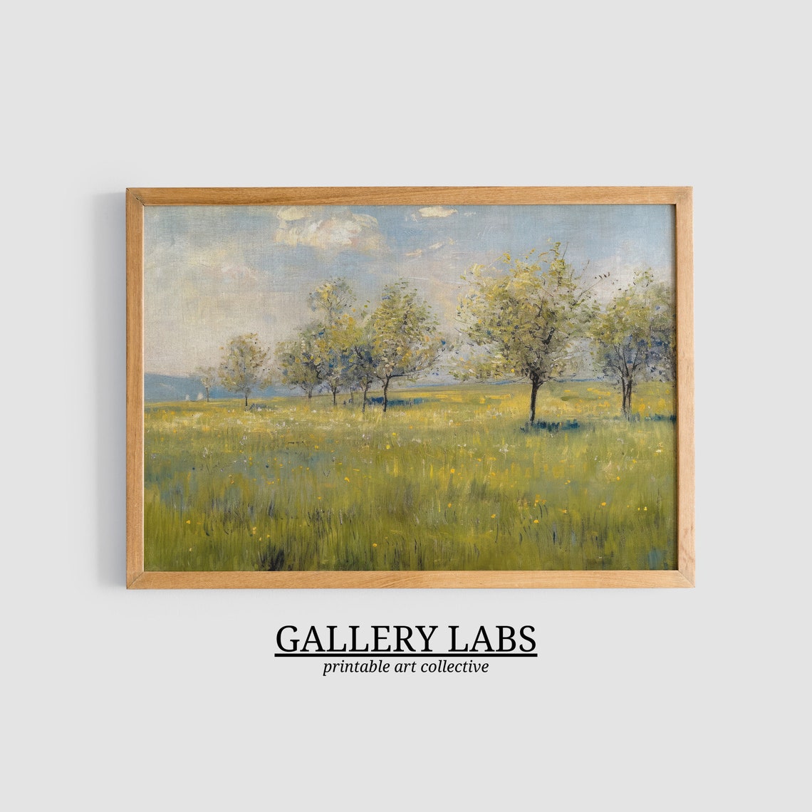 Spring Meadow with Flowering Trees Green Field Landscape Art Print - Image 3