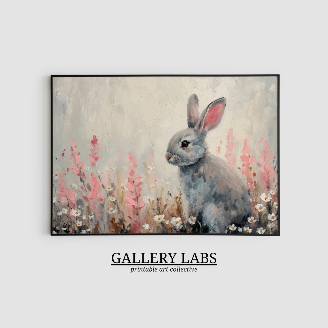 Gray Bunny in Pink Wildflowers Painting Cute Rabbit Meadow Art Print - Image 2