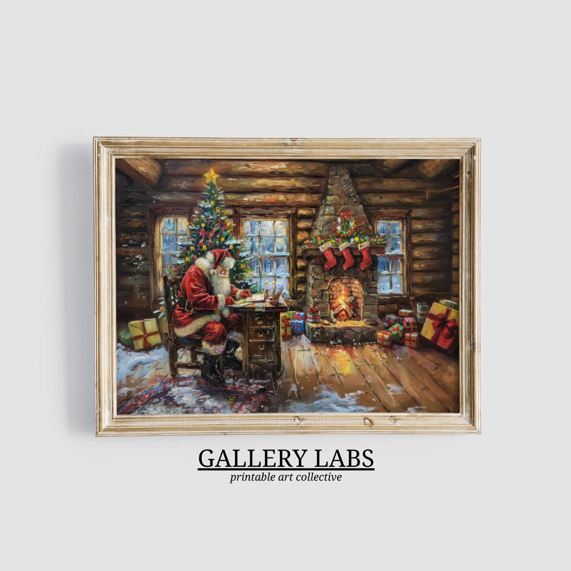 Santa Claus Writing Letters Log Cabin Fireplace Cozy Night Poster