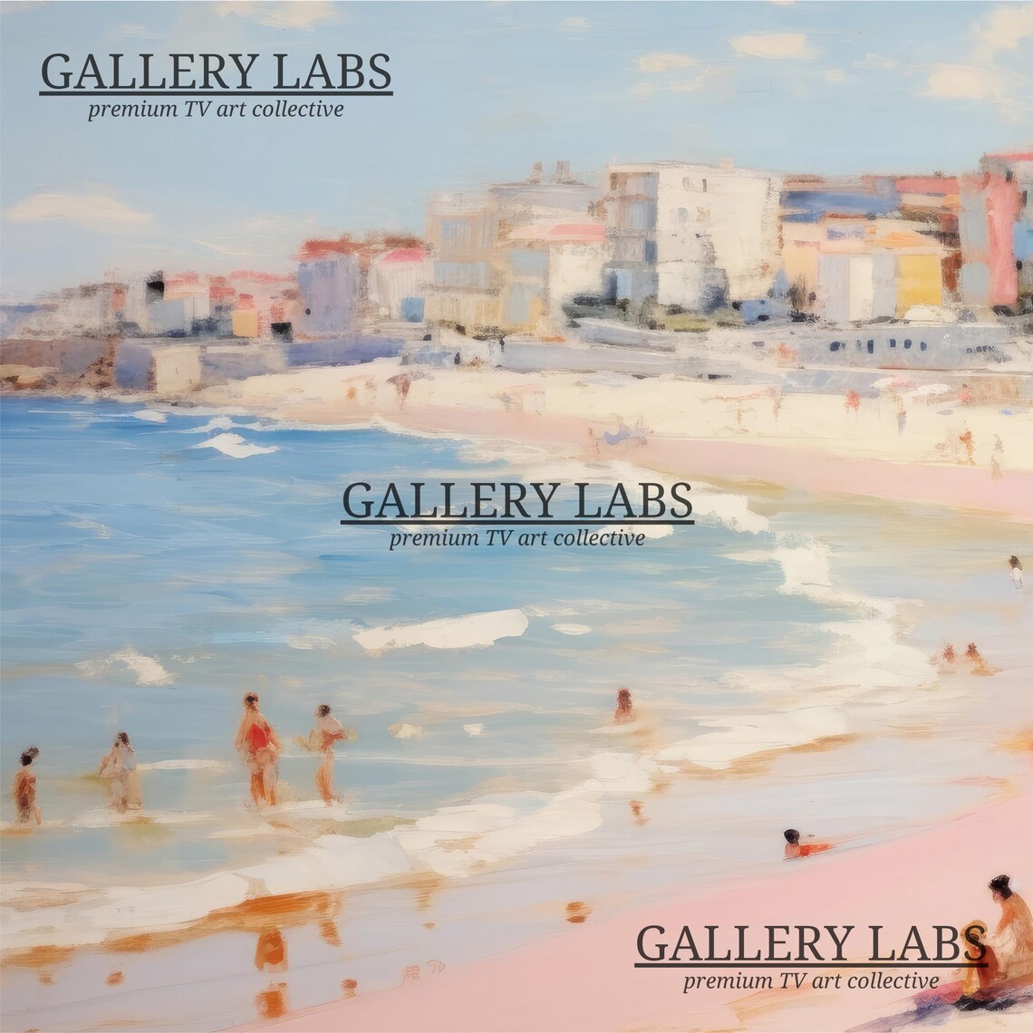 Pink Sand Beach Umbrellas Swimmers Seaside Town Pastel Painting Poster - Image 4