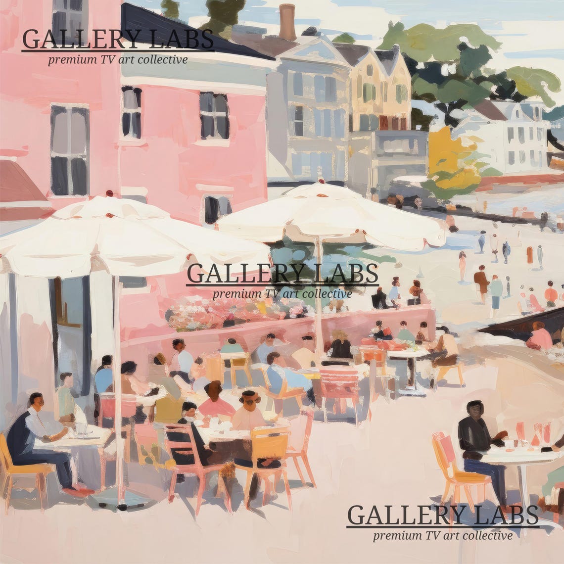 Pastel Seaside Town Pink Buildings Beach Cafe Umbrellas Art Poster - Image 4