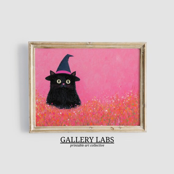 Black Cat Witch Hat Pink Wildflower Meadow Cute Spooky Halloween Print